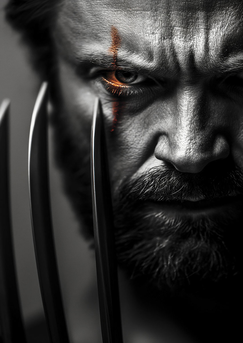 Dramatic artwork of a Wolverine style character with intense gaze and claws
